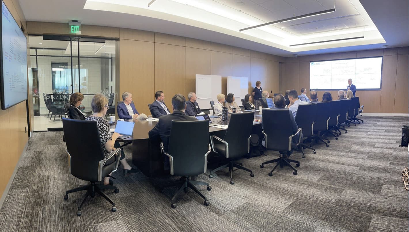 Conference room set for a large meeting