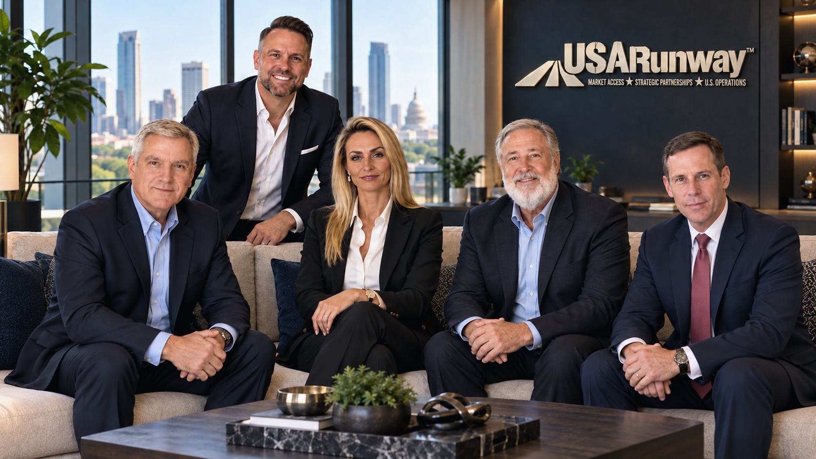 The USARunway leadership team seated in an office with the Austin skyline behind